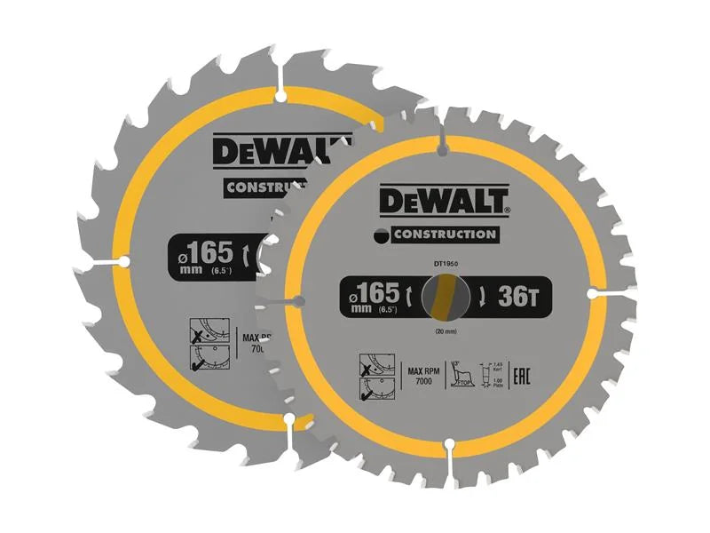 DEWALT Power Tools DT90270 Construction Circular Saw Blade 2 Pack 165 x 20mm x