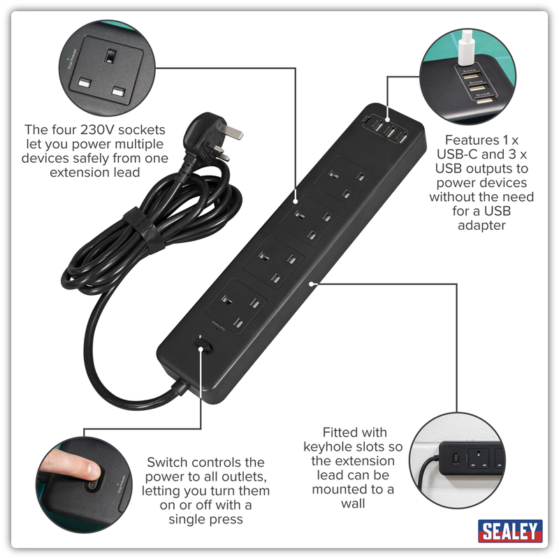 Sealey 2.6m Extension Lead with USB Ports EL34USBB