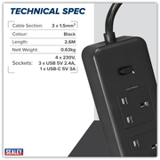 Sealey 2.6m Extension Lead with USB Ports EL34USBB