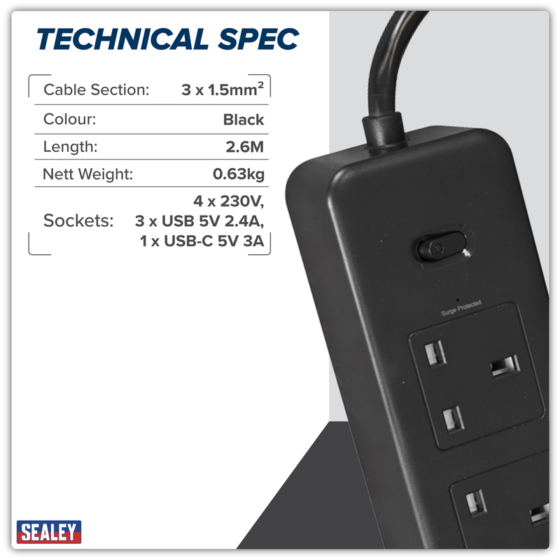 Sealey 2.6m Extension Lead with USB Ports EL34USBB