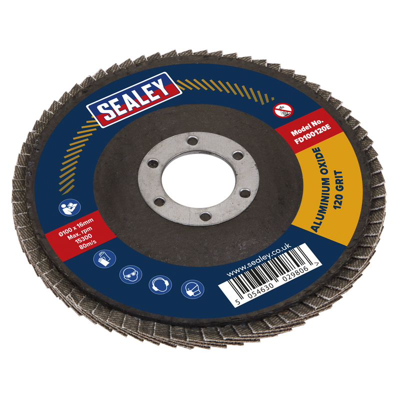 Sealey 100mm Aluminium Oxide Flap Disc 120Grit 16mm Bore - FD100120E UK Stock