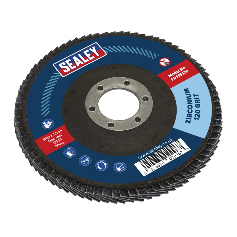 Sealey Flap Disc 115mm Zirconium 120 Grit 22mm Bore