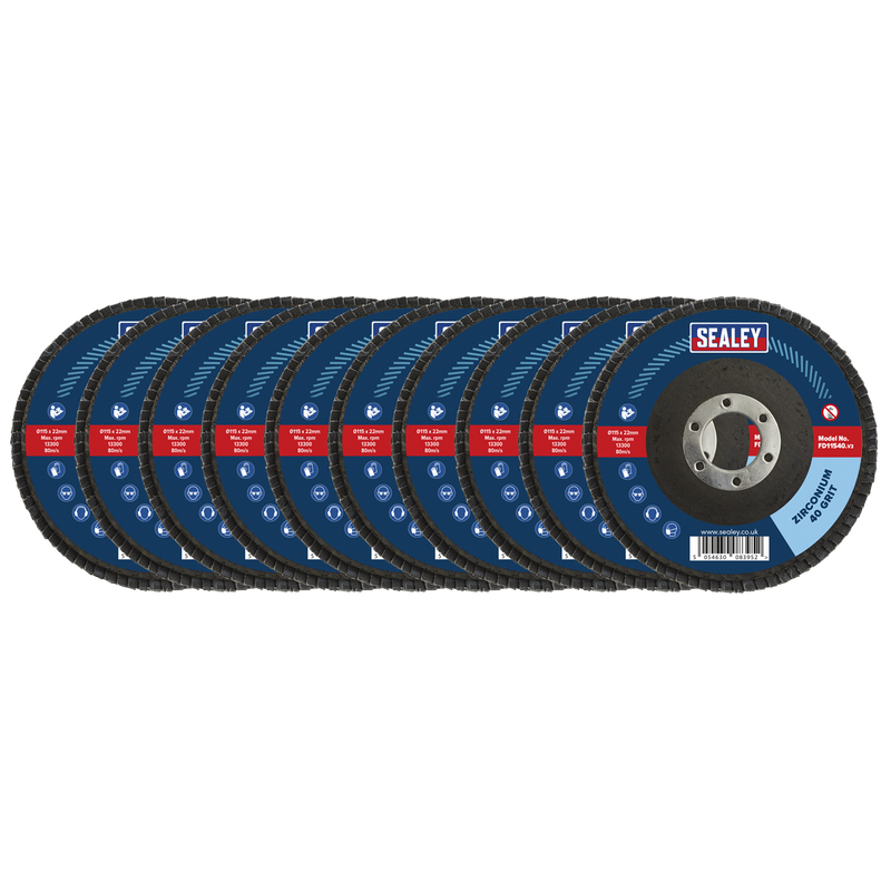 Sealey 115mm Zirconium Flap Discs 40Grit 22mm Bore - Pack of 10 - FD1154010