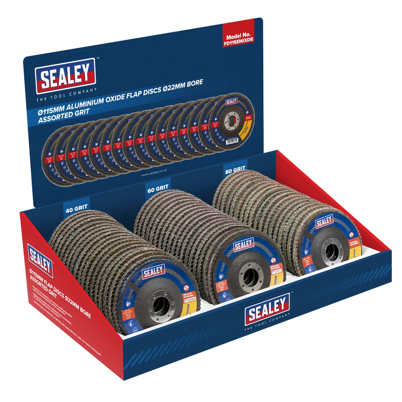 Sealey Flap Discs 115mm Assorted Grit Ø22mm Bore - Box of 60