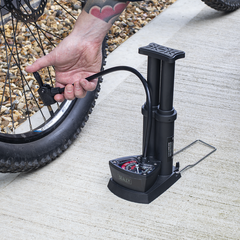 Sealey Mini Twin Barrel Bicycle Foot Pump 4bar/60psi & 8bar/120psi