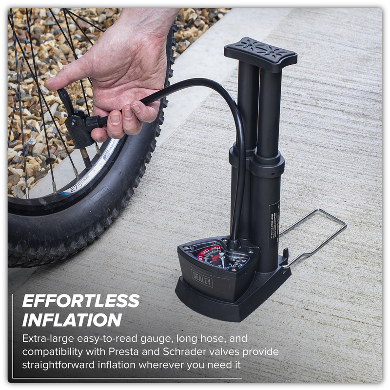Sealey Mini Twin Barrel Bicycle Foot Pump 4bar/60psi & 8bar/120psi