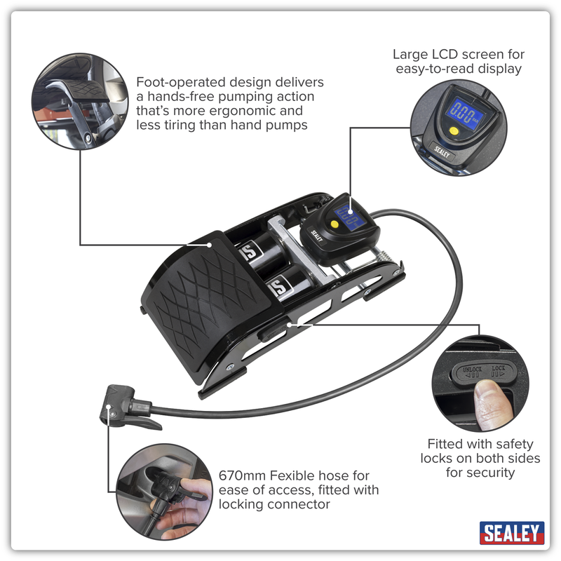 Sealey Twin Barrel Digital Foot Pump 73psi with LCD Gauge