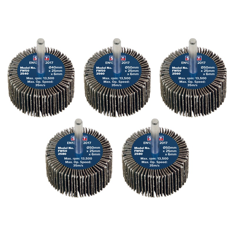 Sealey Abrasive Flap Wheel 50mm x 25mm with 6mm Shaft - Pack of 5