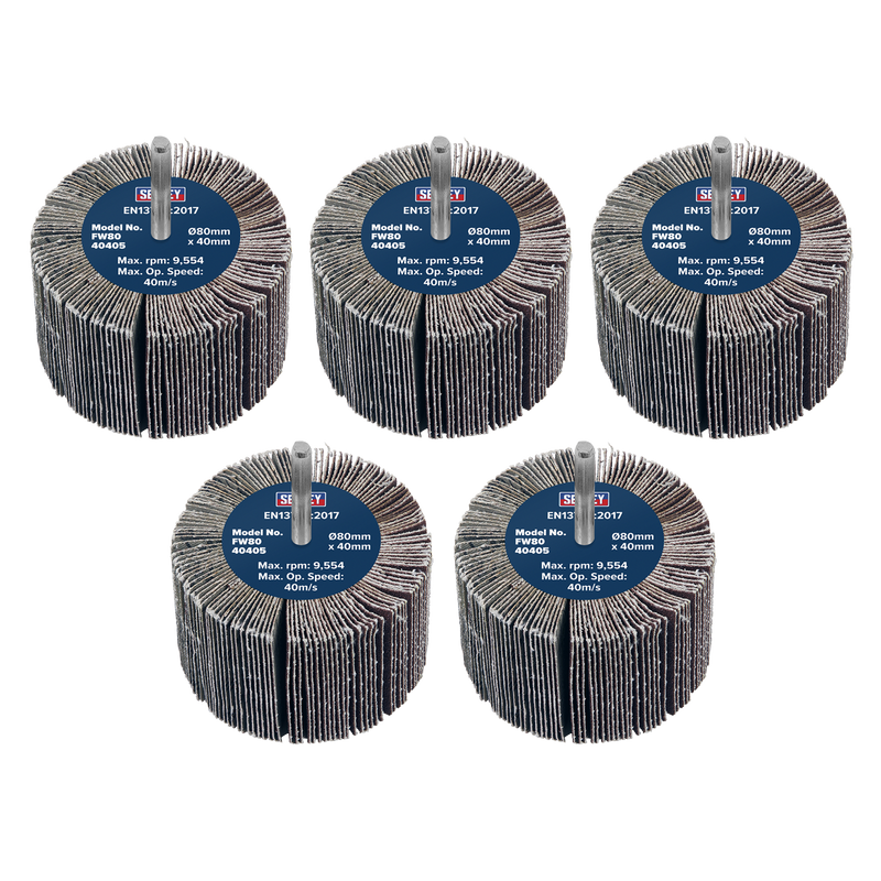 Sealey Abrasive Flap Wheel 80mm 40Grit 6mm Shaft - Pack of 5