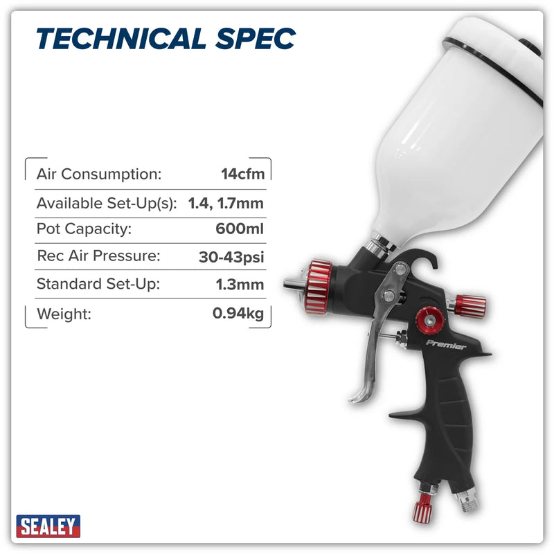 Sealey Premier HVLP Gravity Feed Spray Gun 1.3mm 600ml Capacity
