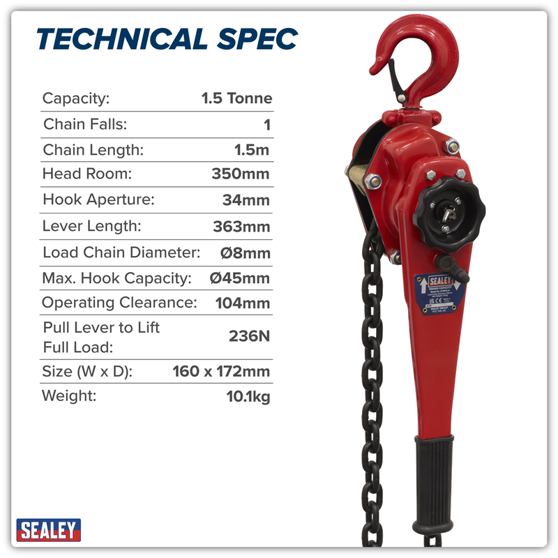 Sealey Lever Hoist Steel 1500kg - Chain Block with 1.5m Chain