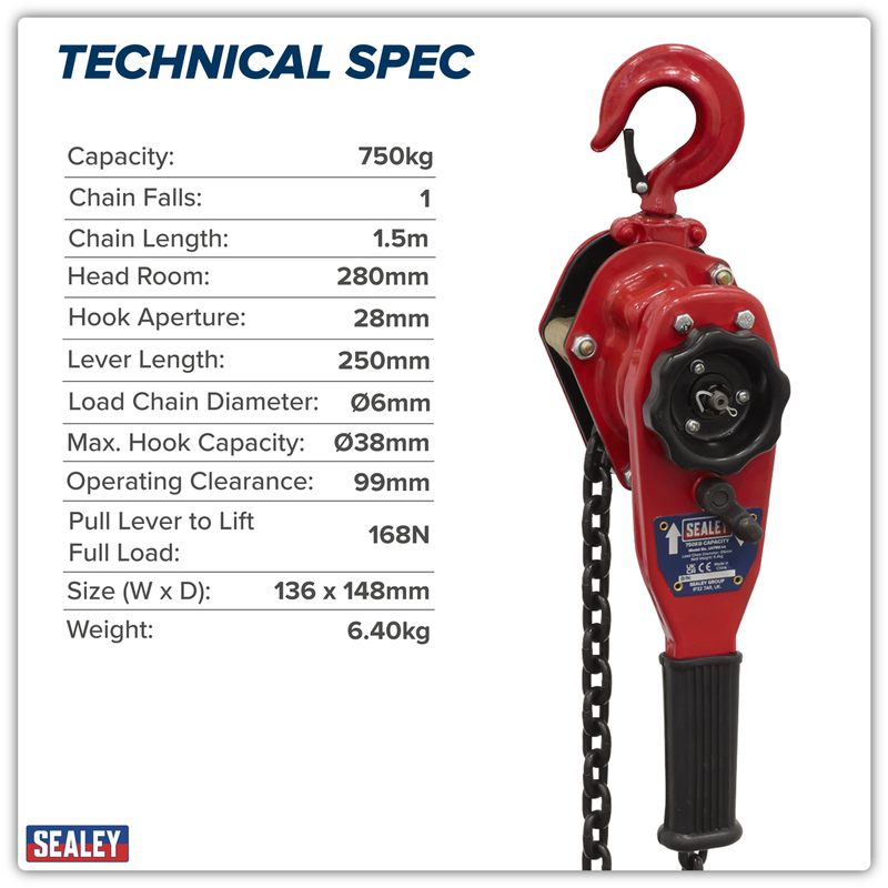 Sealey Lever Hoist 750kg Capacity 1.5m Chain Length