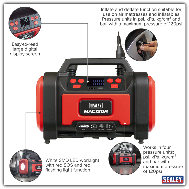 Sealey Rechargeable Tyre Inflator MAC13DR 120psi Air Pump