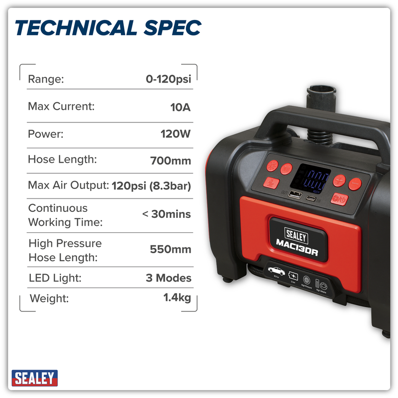 Sealey Rechargeable Tyre Inflator MAC13DR 120psi Air Pump