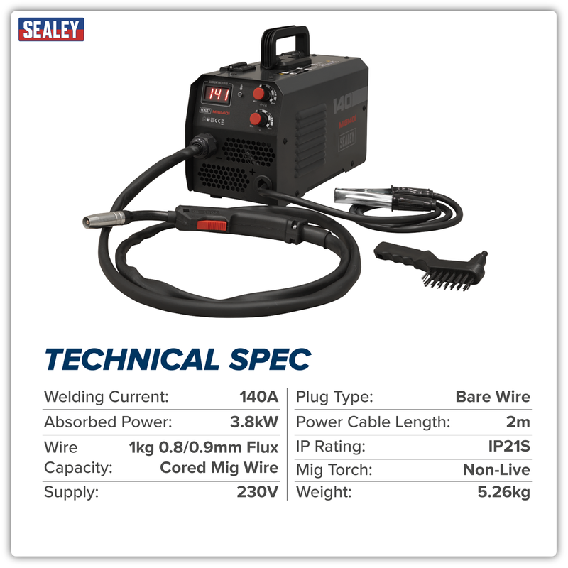Sealey Flux Cored Gasless MIG Welder 140A Inverter