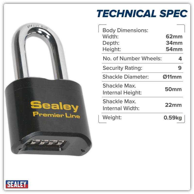 Sealey Premier Steel Combination Padlock Long Shackle 62mm PL603L
