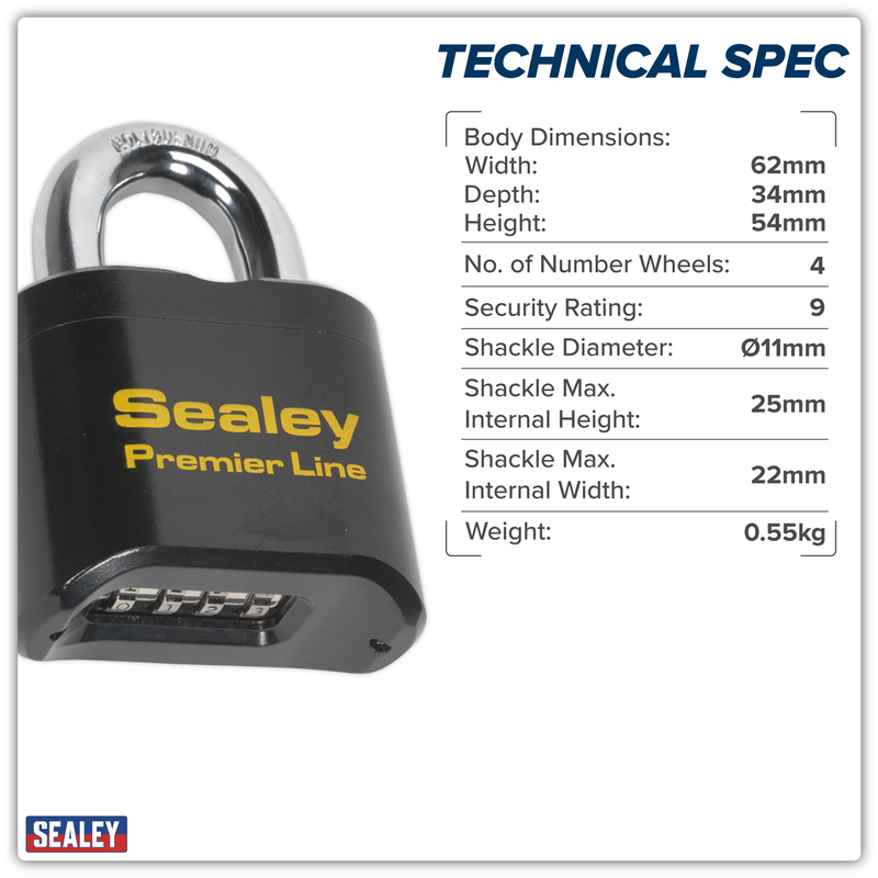Sealey Premier Steel Body Combination Padlock 62mm 4-Wheel Security