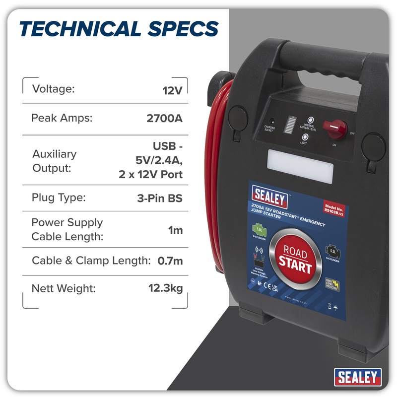 Sealey 12V Emergency Jump Starter RS103B 2700 Peak Amps