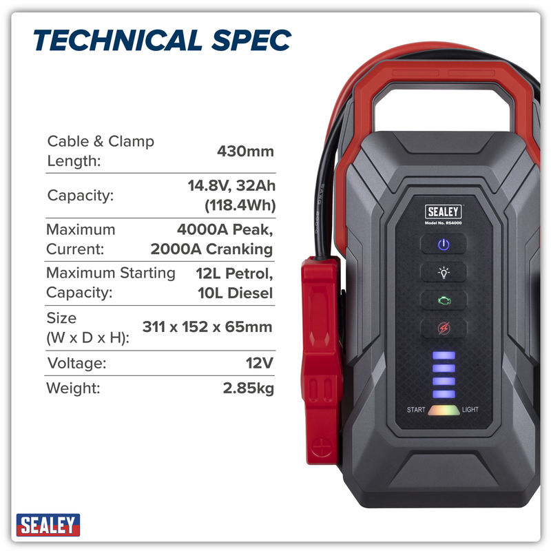 Sealey 12V Jump Starter Power Pack RS4000 4000A Peak