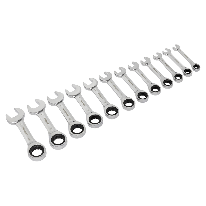 Sealey Siegen Stubby Combination Ratchet Spanner Set 12 Piece 8-19mm
