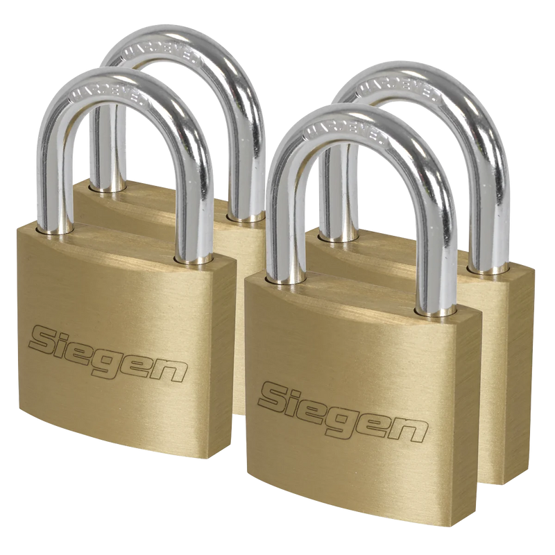 Sealey Siegen Brass Body Padlock S0992 - Pack of 4 with 12 Keys