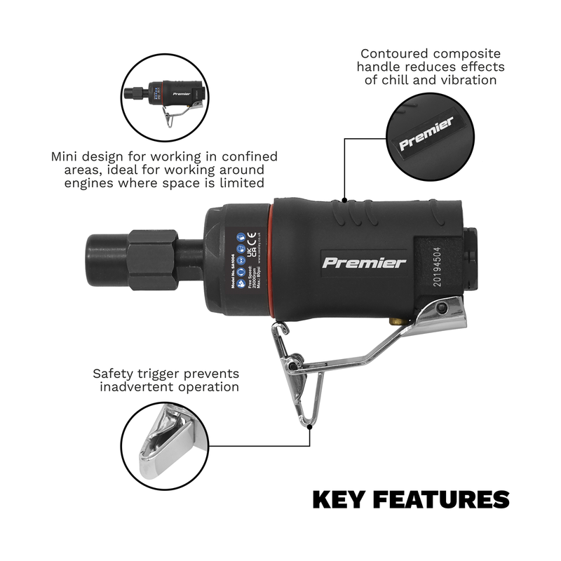 Sealey Premier Mini Air Die Grinder 6mm - 25000rpm Speed