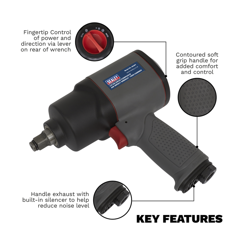 Sealey Composite Twin Hammer Air Impact Wrench 1/2" Drive 590lb.ft