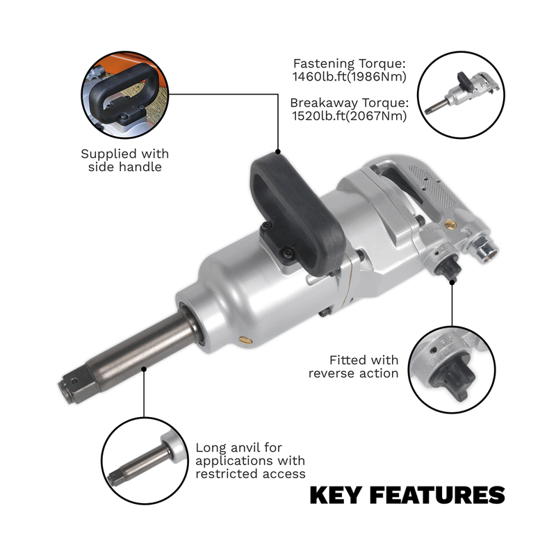 Sealey Long Anvil Straight Air Impact Wrench 1"Sq Drive 1460lb.ft