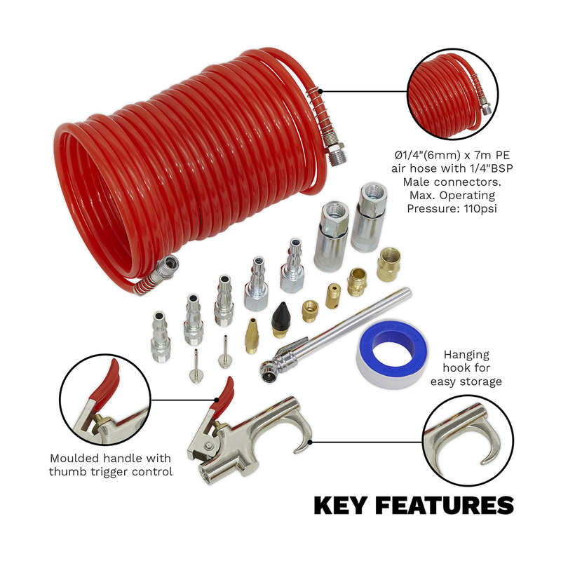 Sealey Air Blow Gun Kit 19 Piece with 7m Hose and 110psi Max Pressure