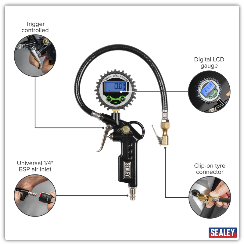 Sealey Digital Tyre Inflator SA332D 12bar with Clip-On Connector