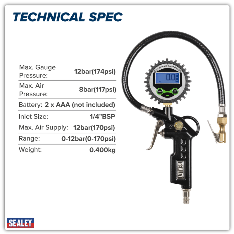 Sealey Digital Tyre Inflator SA332D 12bar with Clip-On Connector