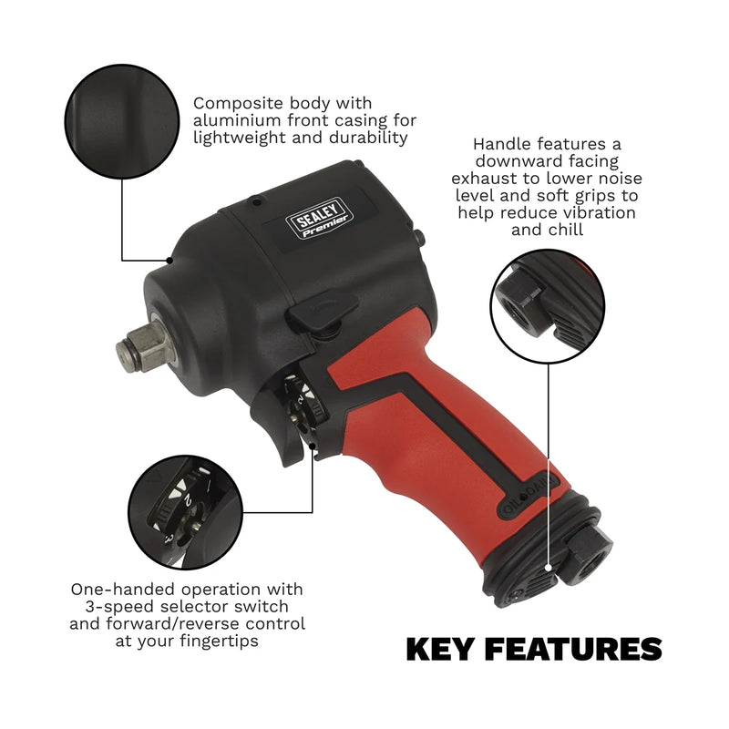Sealey Premier Twin Hammer Stubby Air Impact Wrench 1/2" Drive 500lb.ft Torque