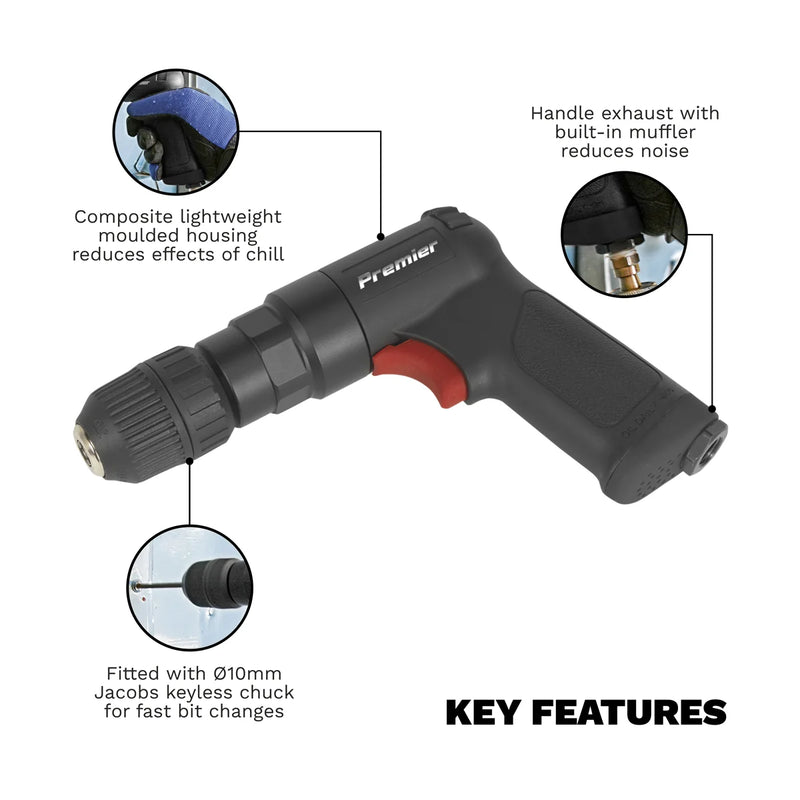 Sealey Premier Air Pistol Drill SA620 10mm Keyless Chuck 1800rpm
