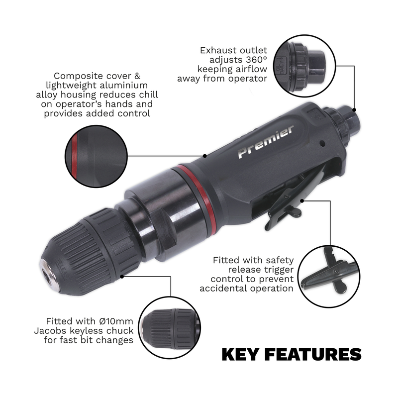 Sealey Premier Air Drill 10mm Keyless Chuck Model SA622