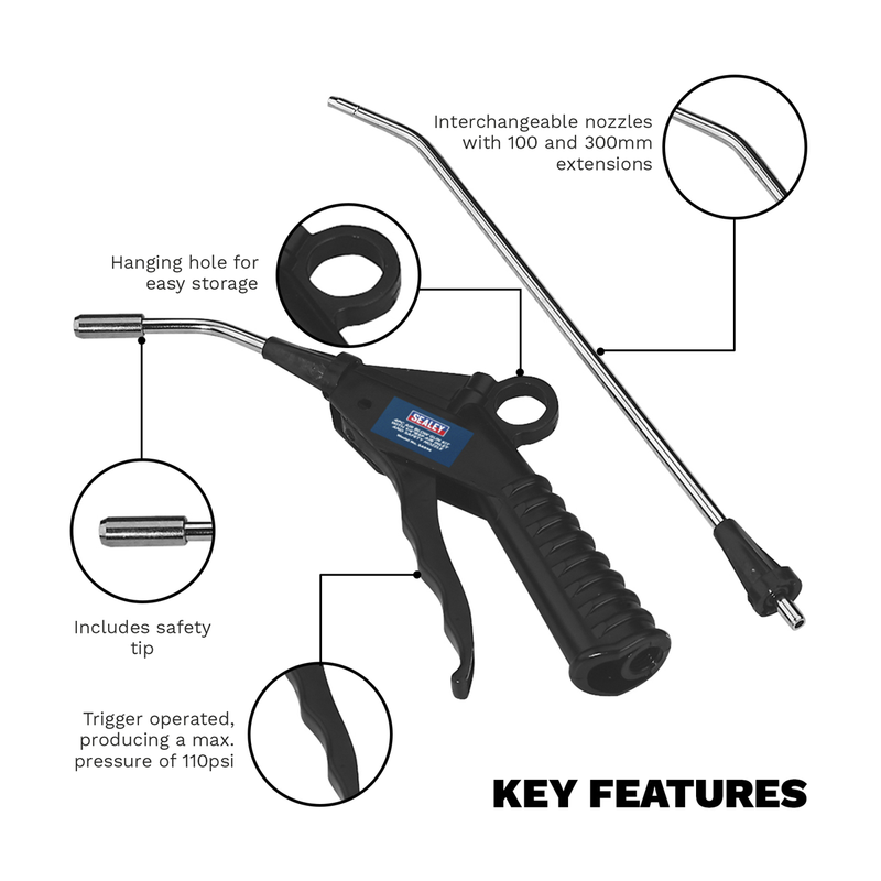 Sealey Air Blow Gun Kit 1/4" BSP Inlet with Safety Nozzle
