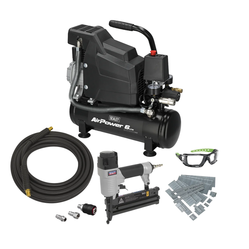 Sealey Air Compressor Nail Staple Gun Kit 2hp 6L