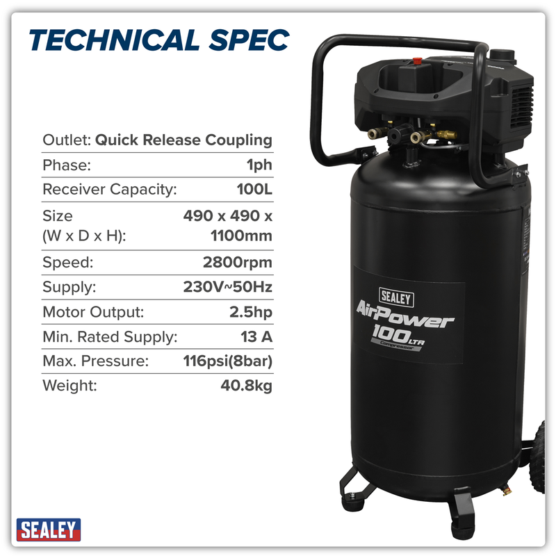 Sealey 100L Oil Free Belt Drive Vertical Compressor 2.5hp