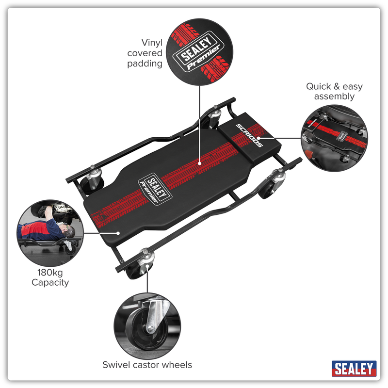 Sealey Steel Creeper SCR100S 180kg Capacity with 4 Rough Ground Wheels