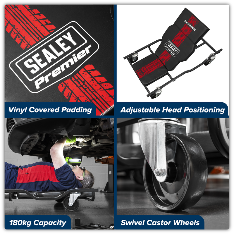Sealey Premier Steel Creeper SCR101S 180kg Capacity with Adjustable Headrest