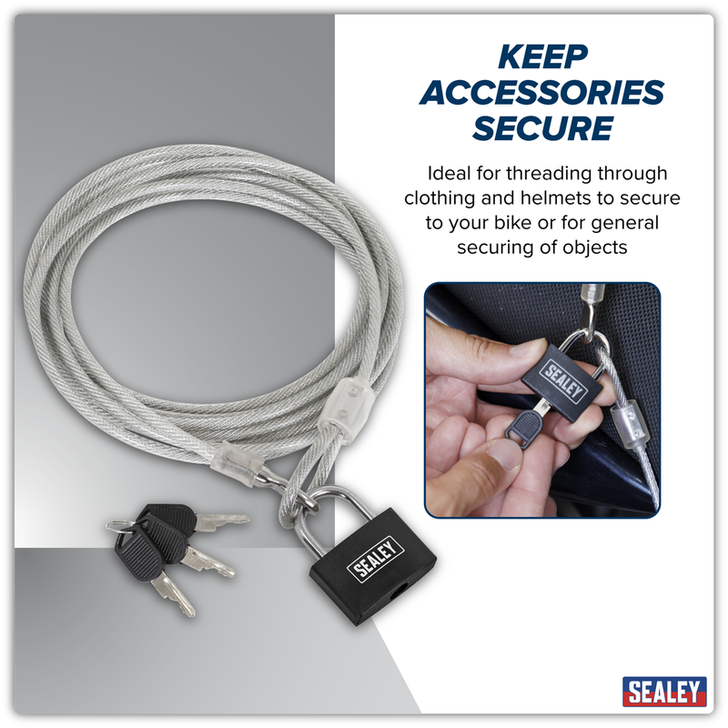 Sealey 3m Motorcycle Cable Lock with High Security Padlock