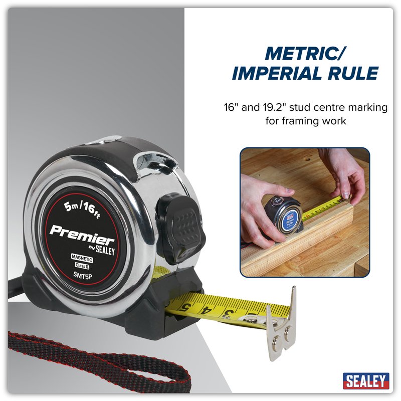 Sealey Premier Tape Measure 5m (16ft) SMT5P Chrome Body