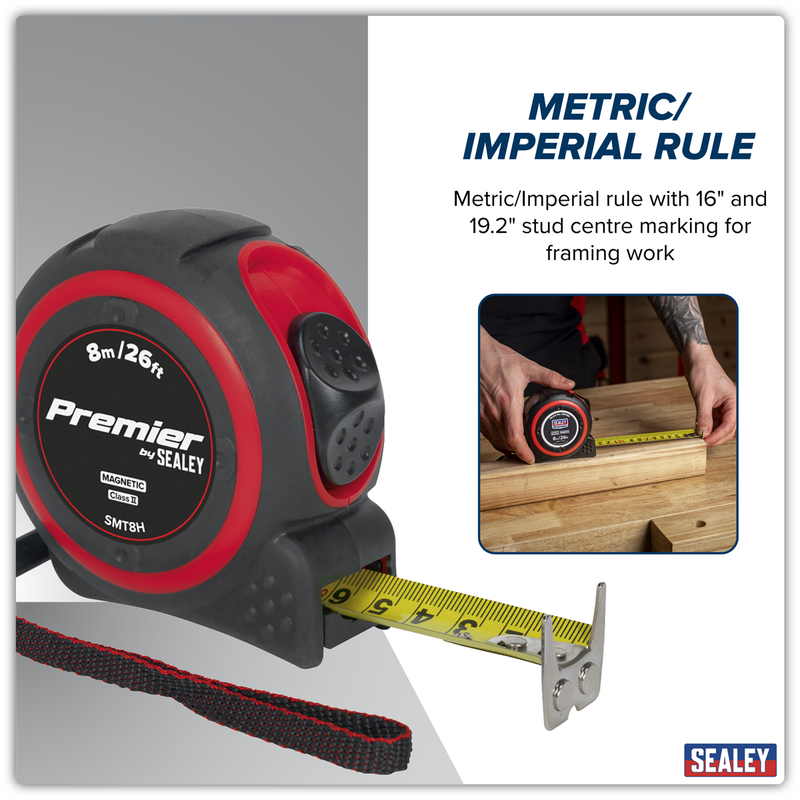 Sealey Premier Tape Measure 8m (26ft) Heavy-Duty ABS Model SMT8H