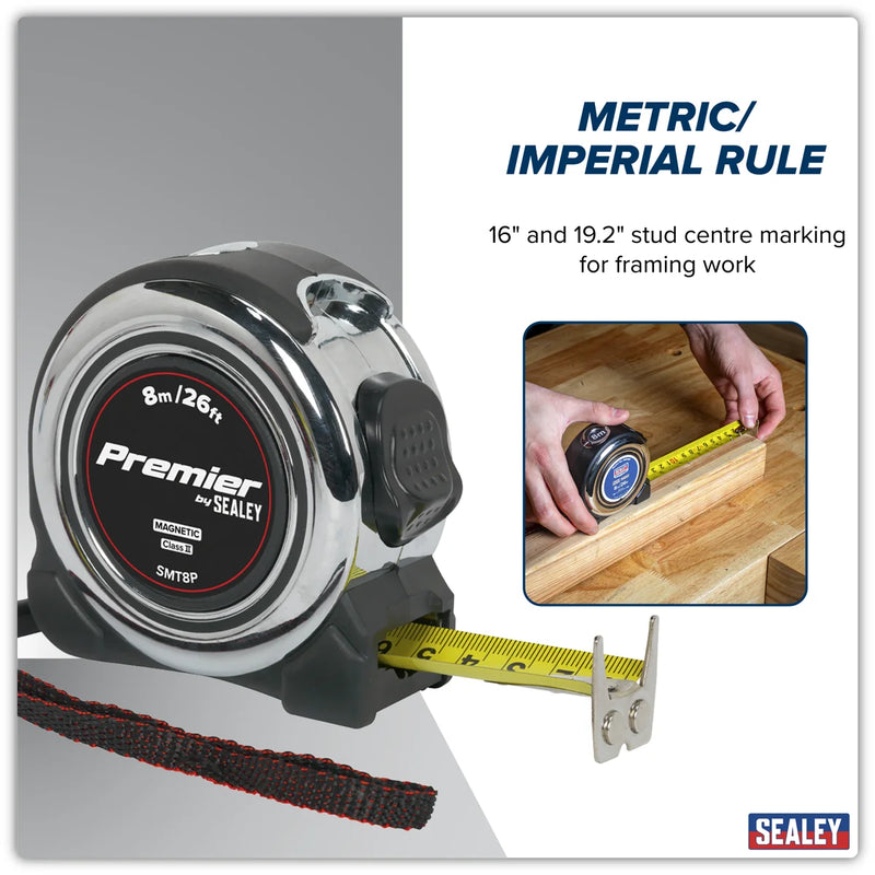 Sealey Premier Tape Measure 8m (26ft) Chrome Body SMT8P