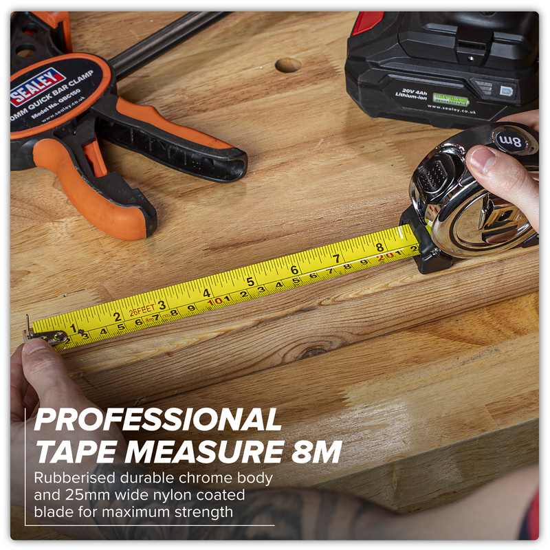 Sealey Premier Tape Measure 8m (26ft) Chrome Body SMT8P