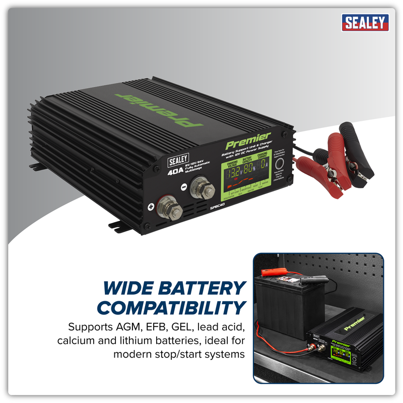 Sealey Premier Battery Support Unit Charger & Maintainer 40A 230V