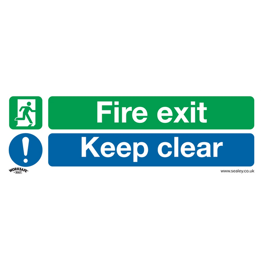 Worksafe Fire Exit Keep Clear Sign 300x100mm Self-Adhesive Vinyl Pack of 10