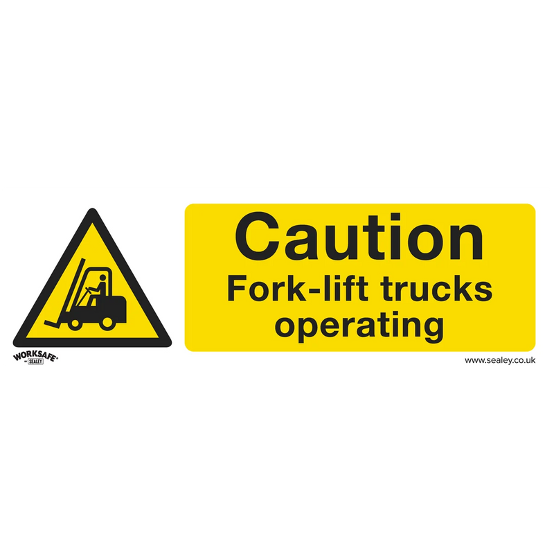 Worksafe Caution Fork-Lift Trucks Safety Sign - Rigid Plastic 300x100mm