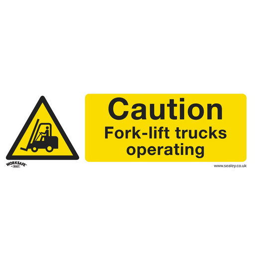 Worksafe Caution Fork-Lift Trucks Safety Sign - Rigid Plastic 300x100mm