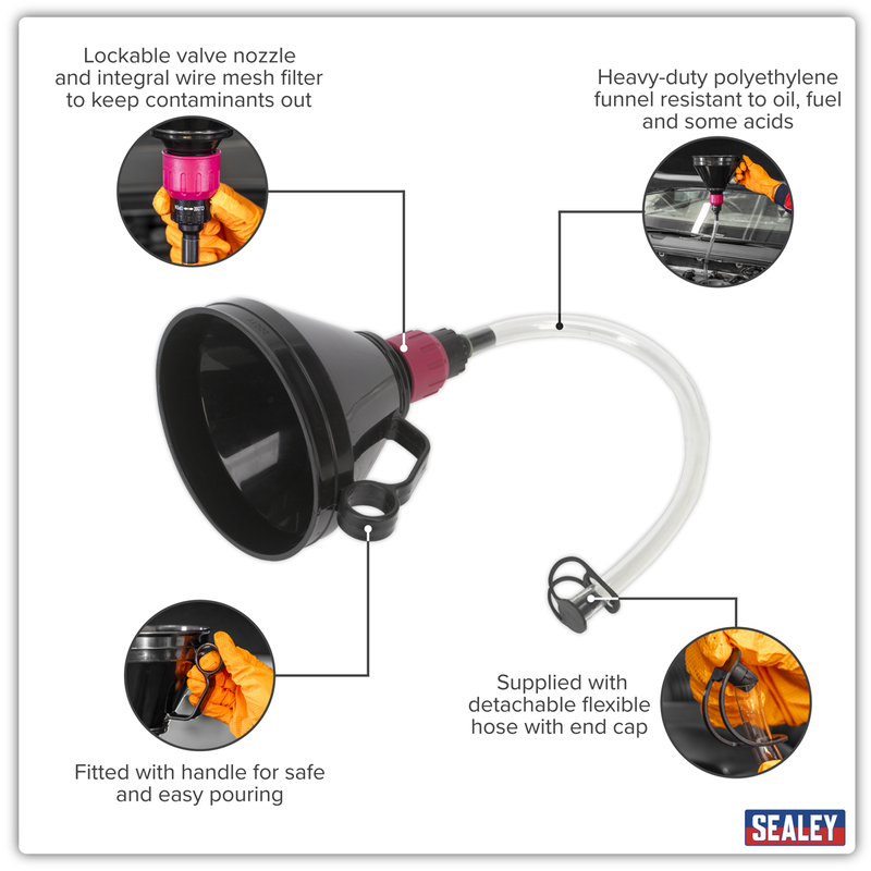 Sealey Valved Flexible Spout Funnel 160mm with Filter