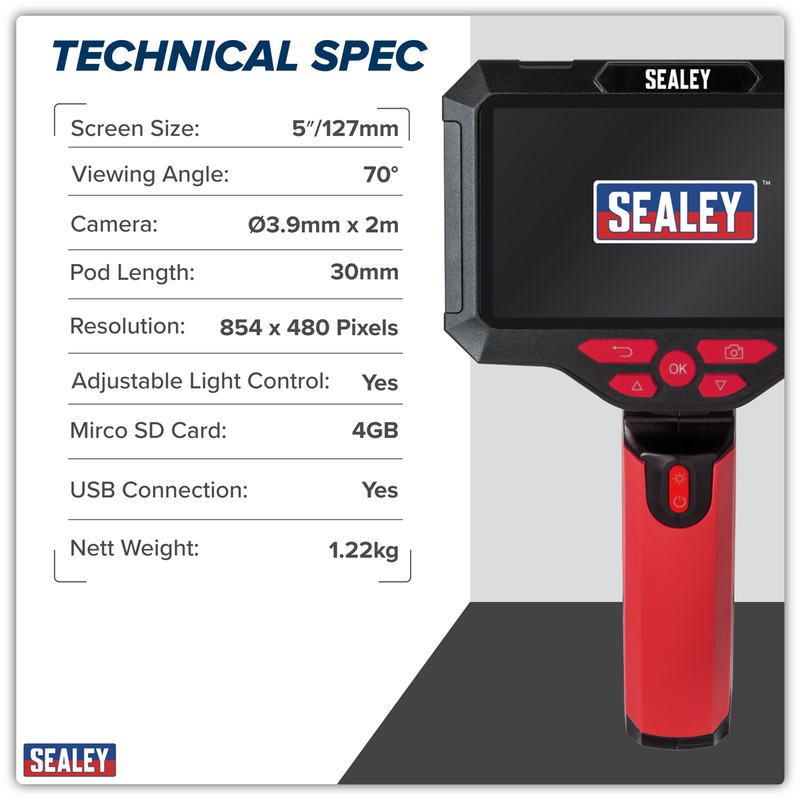 Sealey Video Borescope VS8117 3.9mm Camera & 5" Screen